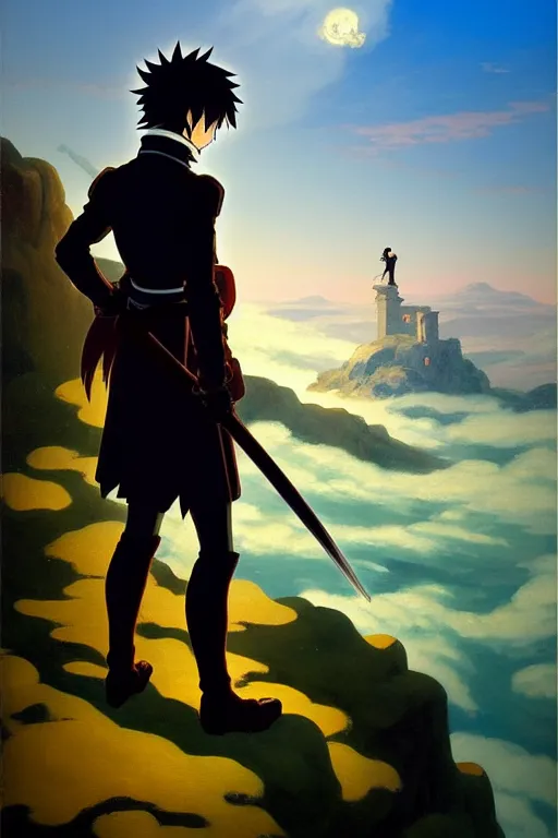 Image similar to anime key visual of wanderer above the sea of fog 1 8 1 8 but figure is anime maid in armor set in grimdark fantasy, in the style of jamie wyeth james gilleard edward hopper greg rutkowski acrylic painting, oil on canvas, preserved museum piece, historical