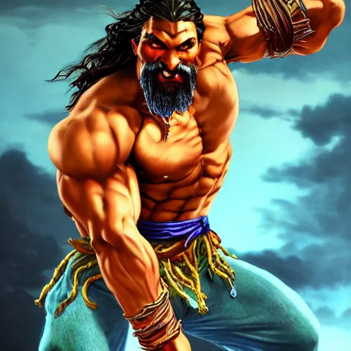 Image similar to jason momoa as dhalsim street fighter, ultra realistic, concept art, intricate details, highly detailed, photorealistic, octane render, 8 k, unreal engine, art by frank frazetta, simon bisley, brom