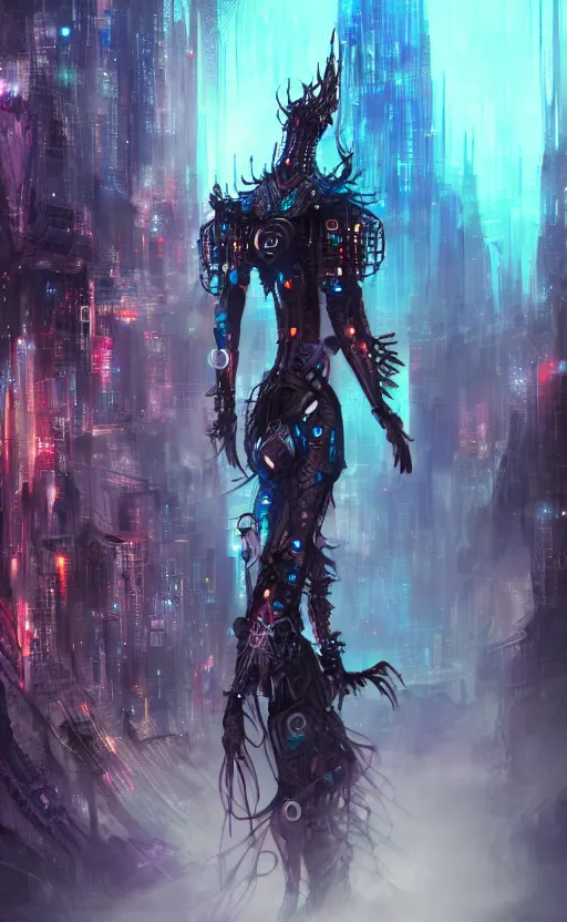 Image similar to a cyber shaman in a futuristic city, dynamic lighting, photorealistic fantasy concept art, trending on art station, stunning visuals, creative, cinematic, ultra detailed