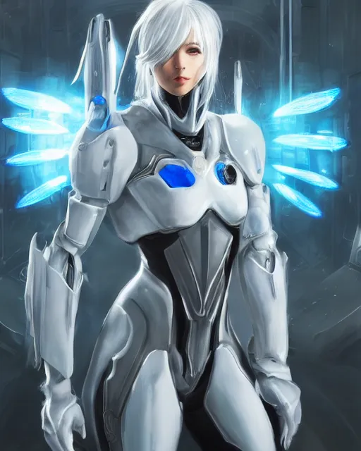 Image similar to perfect white haired girl, warframe armor, beautiful, dreamy, pretty face, blue cyborg eyes, portrait, bright light, scifi, emotional, utopian architecture in the background, laboratory, 4 k, high definition, ultra realistic, aura of light, cinematic, highly detailed, masterpiece, art by akihito tsukushi, akasuki brightmind