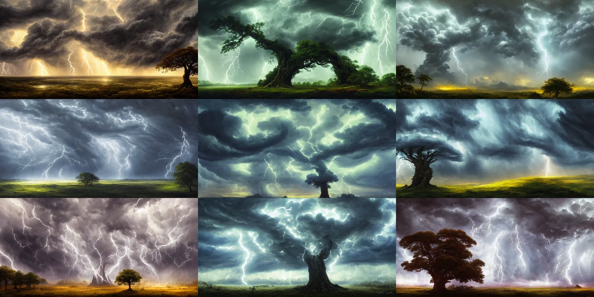 Prompt: a beautiful painting of a huge tree of storm, foliage made of stormy clouds and lightnings, epic, fantasy, high definition, cinematic shot, hiroshi yoshida, artstation