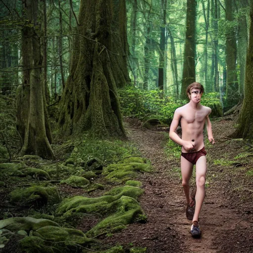 Image similar to a teenage boy, around 1 9 years old with necklace, natural brown hair, loincloth, pale skin, detailed face. running in ominous and eerie looking forest. natural color. realistic photo.