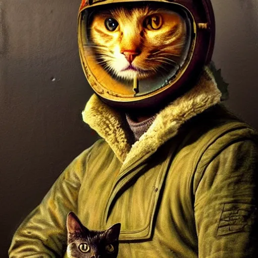 Prompt: heroic cat pilot, ww 2 bi - plane wearing a vintage pilot helmet, painted by rembrandt, intricate, detailed, atmospheric lighting, golden hour.