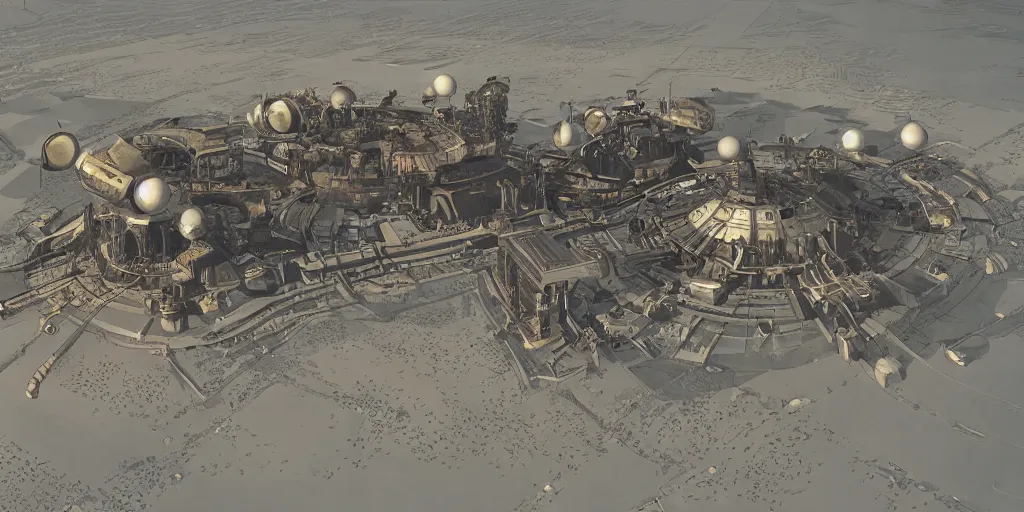 Prompt: aerial view of the architectural model of a steam punk space port, drawn by Ernst Haekl, in the style of beeple