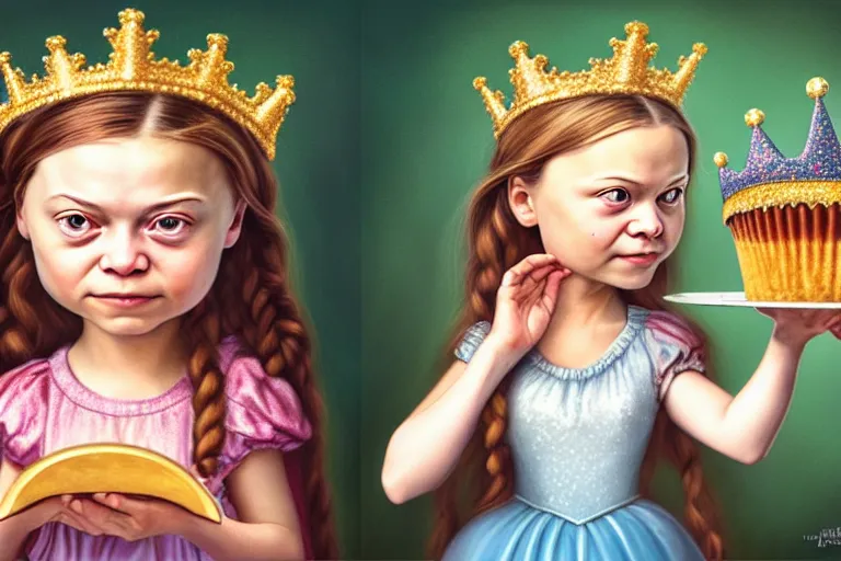 Image similar to closeup profile portrait of greta thunberg as a fairytale princess wearing a crown eating cakes in the castle kitchen, nicoletta ceccoli, mark ryden, lostfish, max fleischer, hyper realistic, artstation, illustration, digital paint, matte paint, vivid colors, bright, cheerful, detailed and intricate environment