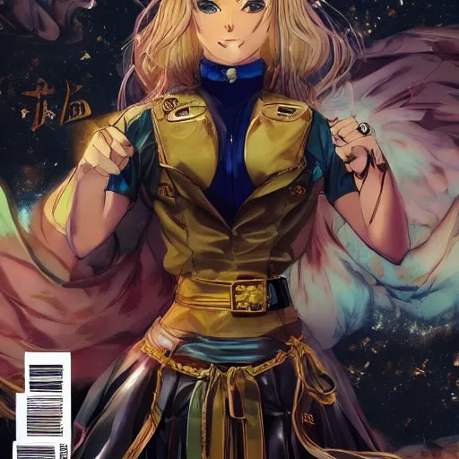 Image similar to Magazine Cover Anime key visual of a Gucci girl; official media; typography; drawn by Hirohiko Araki; Jojo's Bizarre Adventure; Jojolion, portrait, made by Stanley Artgerm Lau, WLOP, Rossdraws, James Jean, Andrei Riabovitchev, Marc Simonetti, Yoshitaka Amano, ArtStation