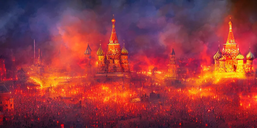 Image similar to beautiful image of burning Red Square in Moscow with fire, saturated, detailed lighting, high quality, sharp focus, intricate, digital painting, artstation, 8k