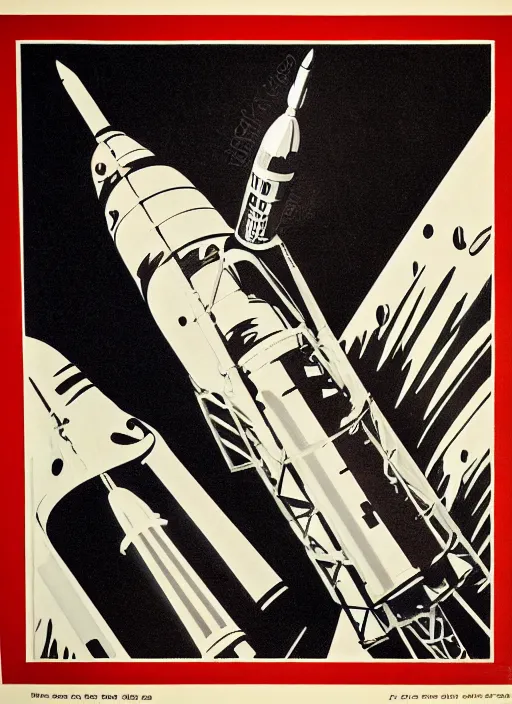 Image similar to detailed 1 9 5 0 s stencil art of the saturn v rocket, cinematic lighting, dawn, apollo space program