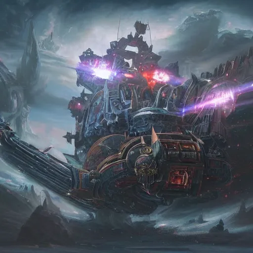 Image similar to warhammer 4 0 k chaos marine space ship, detailed background, realistic moving, unreal engine, by popular digital artist, digital, artstation,, heavenly atmosphere, digital art, overdetailed art, trending on artstation, cgstudio, the most beautiful image ever created, dramatic, award winning artwork, beautiful scenery