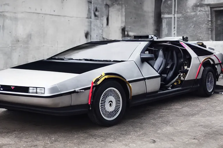 Image similar to a single delorean and tesla roadster hybrid, dslr