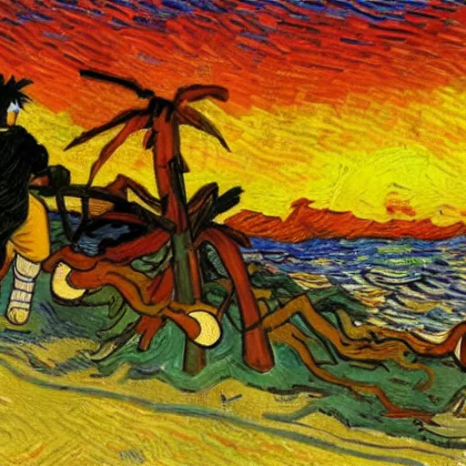 Image similar to An oil painting of Naruto at the beach at sunset by Vincent van Gogh, anime anime anime