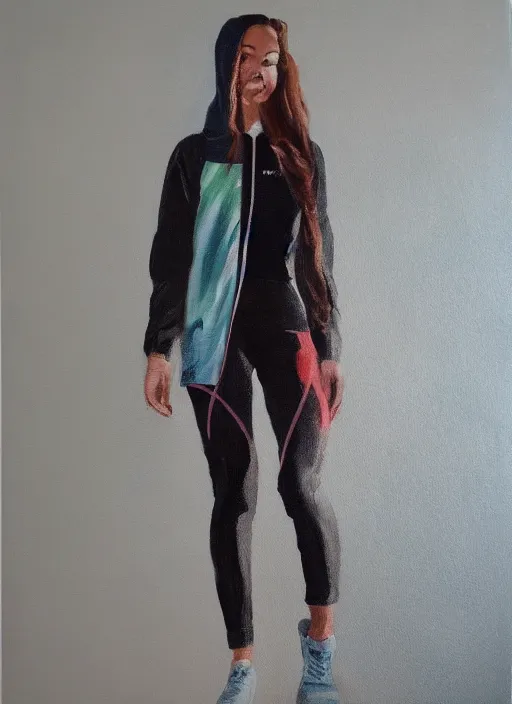 Image similar to a painting of a girl wearing a chloma designed anorak with skinny legs and futuristic leggings