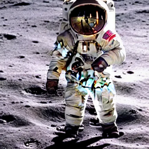 Prompt: cat wearing a spacesuit while walking on the moon