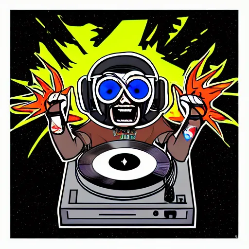 Image similar to svg sticker of a Pop-Wonder Alien-Bog-Monster-Swamp-Rat-Thunder-Coot-Racing-Fan at a rave, spinning records, giant headphones rocking out, wearing headphones, huge speakers, dancing, rave, DJ, spinning records, digital art, amazing composition, rule-of-thirds, award-winning, trending on artstation, featured on deviantart