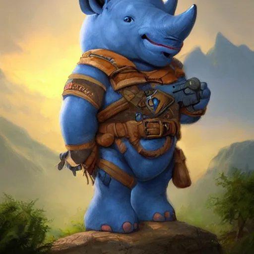 Image similar to An adorable blue rhino wearing adventurer clothing, concept art by Justin Gerard, trending on artstation,