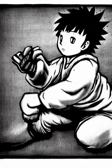 Prompt: salvage little boy in lion suit, black and white artwork made by kentaro miura and yoshihiro togashi