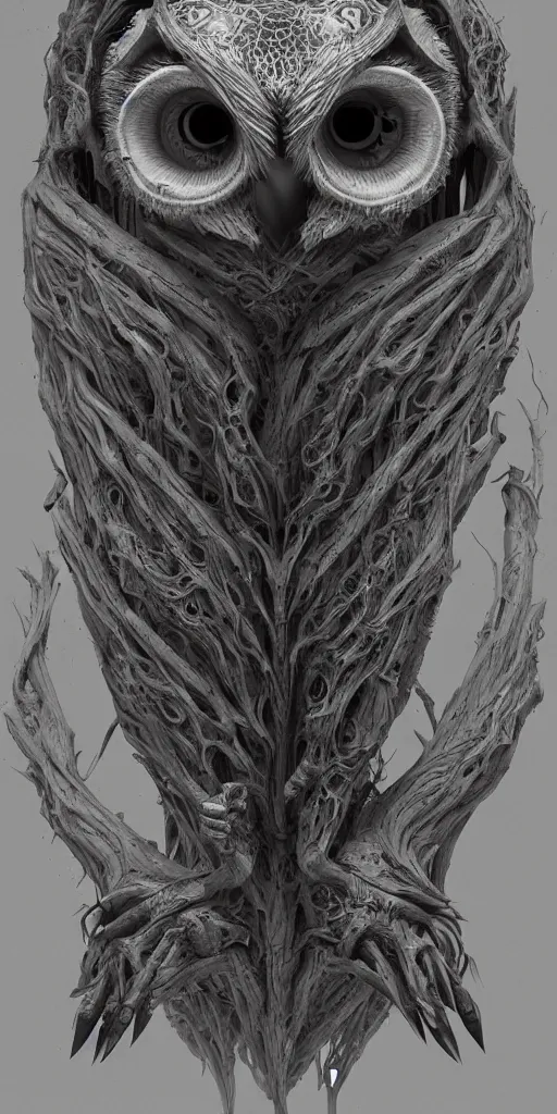 Image similar to an owl in the style of h. r giger, incredible art, character design, octane render,