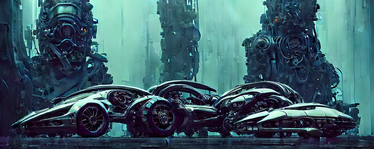 Image similar to shiny cyberpunk vehicle reminiscent of fast car with robotic enhancements parked in ancient mystic woods, gothic and baroque, brutalist architecture, ultradetailed, creepy ambiance, fog, artgerm, giger, Intricate by Ellen Jewett and Josan Gonzalez and Giuseppe Arcimboldo