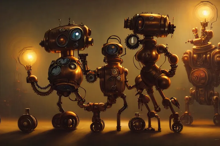 Prompt: steampunk robots expressively dancing by otto dix and greg rutkowski and andreas rocha, cinematic lighting, highly detailed, warm colours, 4 k