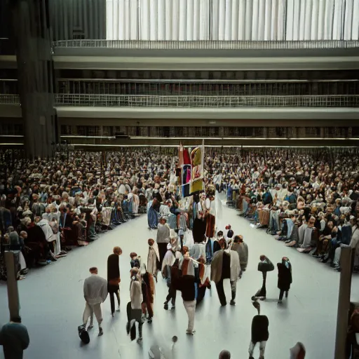 Image similar to Visitors inside the Palast der Republik, German Democratic Republik 1987, color photography, Sigma 85 mm