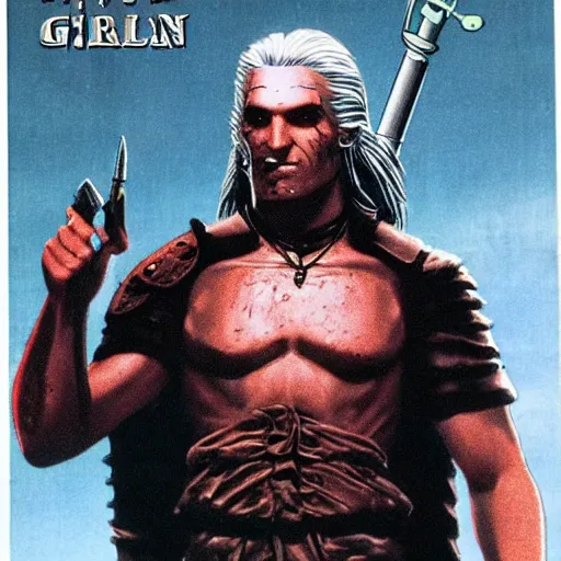 Prompt: 1980s VHS box cover of horror movie starring Geralt of Rivia