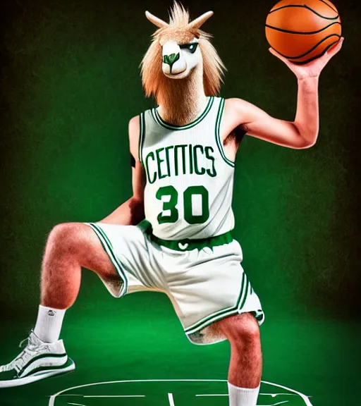Prompt: photorealistic anthropomorphic llama as larry bird playing basketball in celtics outfit, playing in a nba court, crewson photography, dnd character art portrait, full body shot, wide angle, affinity photo, photoshop, cinematic lighting