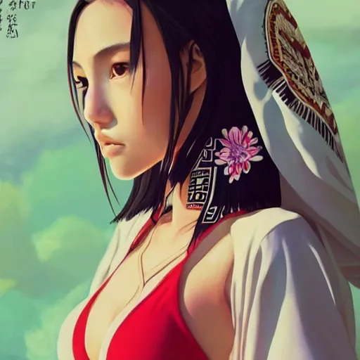 Image similar to a beautiful young japanese natalie portman alluring gravure model, stylized concept art, wearing elegant designer bomber jacket and one piece bikini, bomber jacket with mesoamerican patterns, mesoamerican native street fashion, princess mononoke, painted by ilya kuvshinov aesthetic, gorgeous, stunning, alluring, attractive, artstation, pinterest, digital art