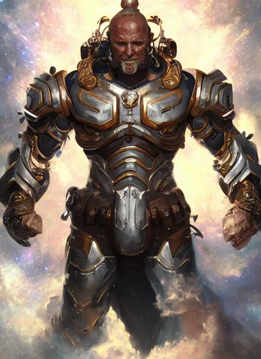 Image similar to a muscular warrior wearing cosmic armor on space, au naturel, hyper detailed, digital art, trending in artstation, cinematic lighting, studio quality, smooth render, unreal engine 5 rendered, octane rendered, art style by klimt and nixeu and ian sprigger and wlop and krenz cushart and riot and overwatch