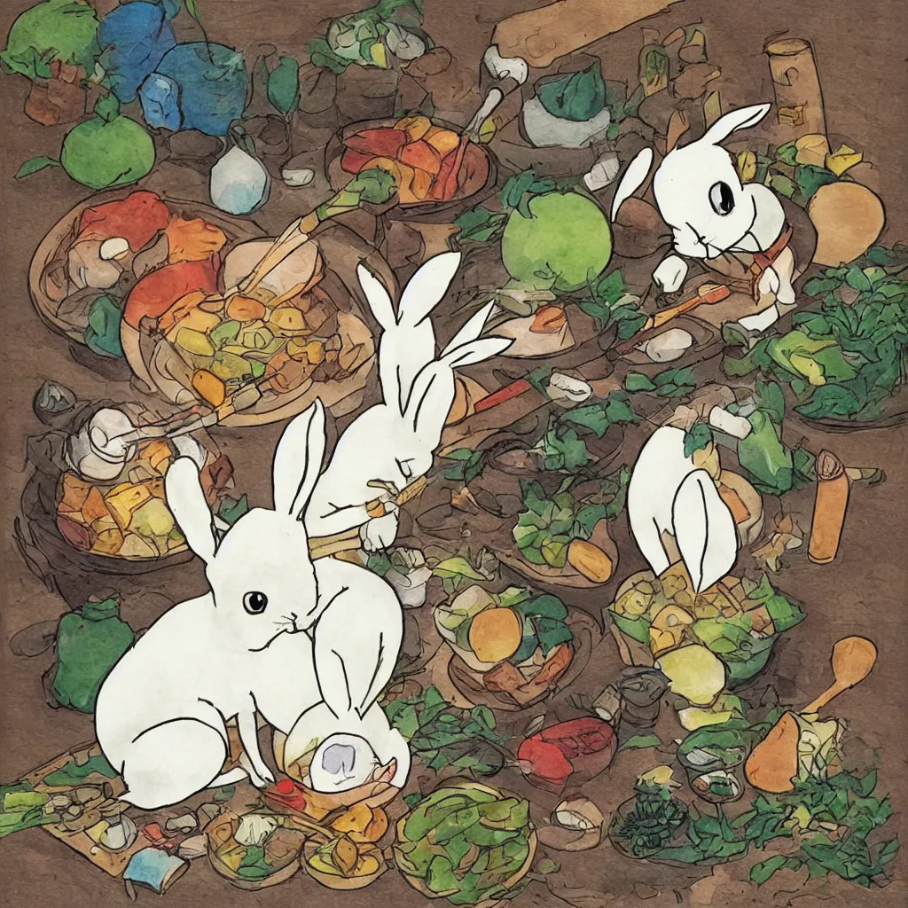 Prompt: a rabbit cooking in the style of studio ghibli