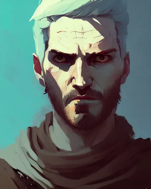 Image similar to portrait of 3 0 years old man from witcher by atey ghailan, by greg rutkowski, by greg tocchini, by james gilleard, by joe fenton, by kaethe butcher, dynamic lighting, gradient light blue, brown, blonde cream and white color scheme, grunge aesthetic