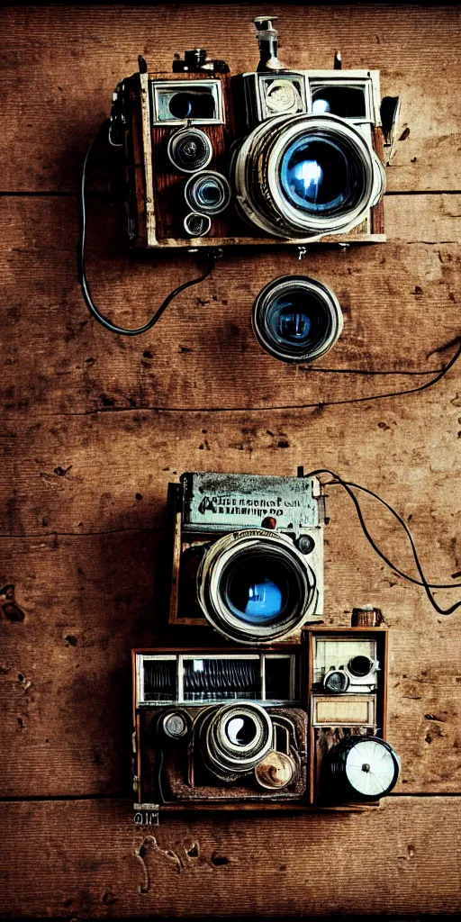 Image similar to A photo of a very old opened device with vacuum tubes, film, capacitors and coils inside, and a camera lens on the outside on an old wooden table by Annie Lebovitz, Laura Letinsky and Steve McCurry, grungy, weathered Ultra detailed, hyper realistic, 4k