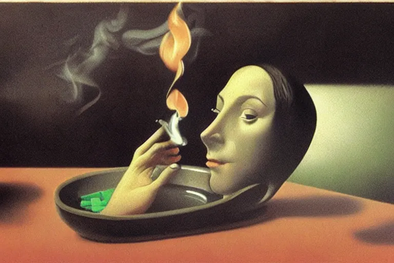 Image similar to a lit joint lying in an ashtray, slow, smoke in the shape of a woman's face, surreal, magritte