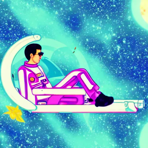 Image similar to an astronaut lounging in a tropical resort in space in a vaporwave style