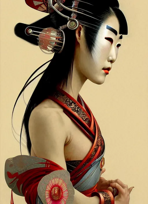 Prompt: Japanese cyborg geisha, face opening, diffuse lighting, fantasy, intricate, elegant, highly detailed, lifelike, photorealistic, digital painting, artstation, illustration, concept art, smooth, sharp focus, art by John Collier and Albert Aublet and Krenz Cushart and Artem Demura and Alphonse Mucha