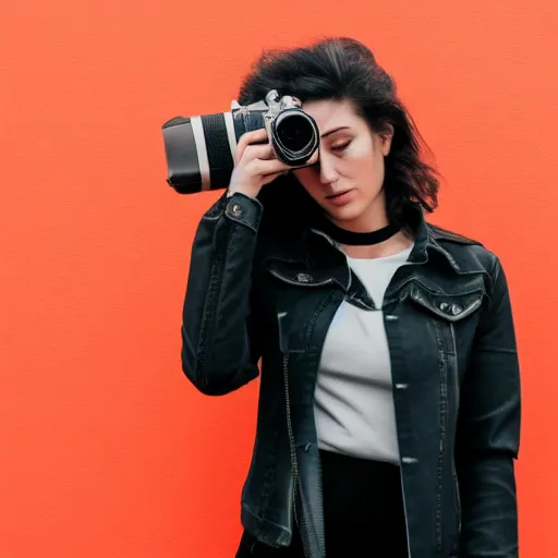 Image similar to a woman in black jacket and jeans holding a camera, a photo by Camille Souter, shutterstock, art photography, studio photography, stylish, black background