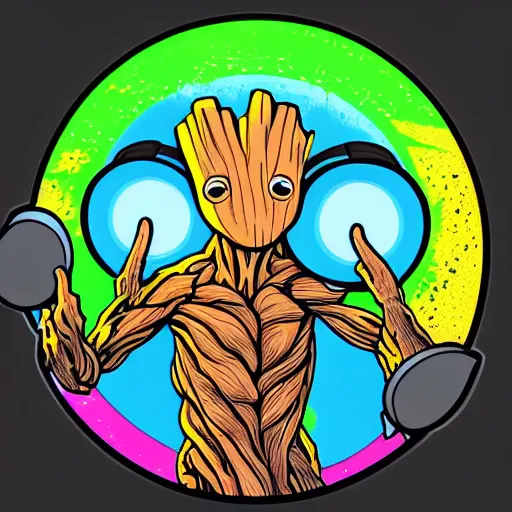 Image similar to svg sticker of a Pop-Wonder Groot-Marvel-Avenger at a rave, spinning records, giant headphones rocking out, wearing headphones, huge speakers, dancing, rave, DJ, spinning records, digital art, amazing composition, rule-of-thirds, award-winning, trending on artstation, featured on deviantart