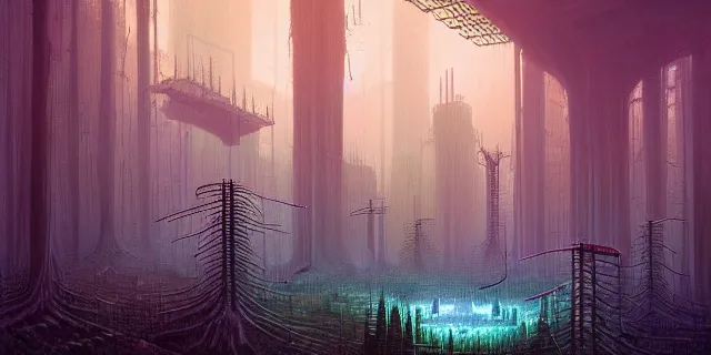 Prompt: painting of redwood forest labyrinth consuming cyberpunk metropolis in the style of nebulapunk by dan seagrave and tomasz alen kopera with futuristic castle by simon stahlenhag