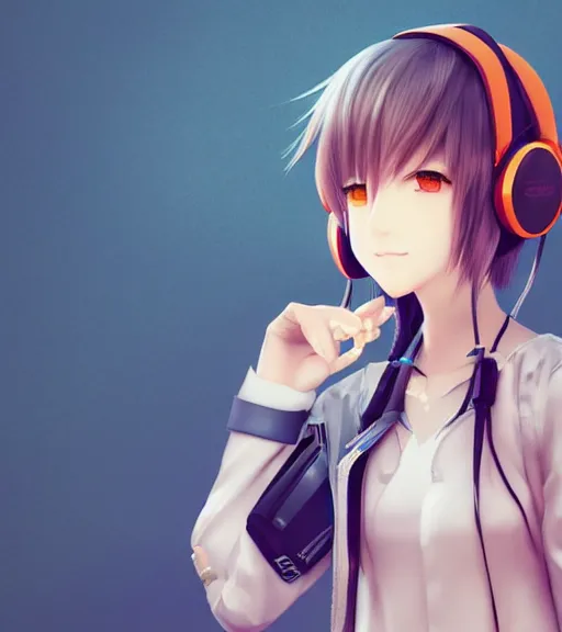 Prompt: squareenix style 3d anime girl wearing headphone listening to amplifier trending on pixiv skeb artstation photo portrait Miyazaki technoir style