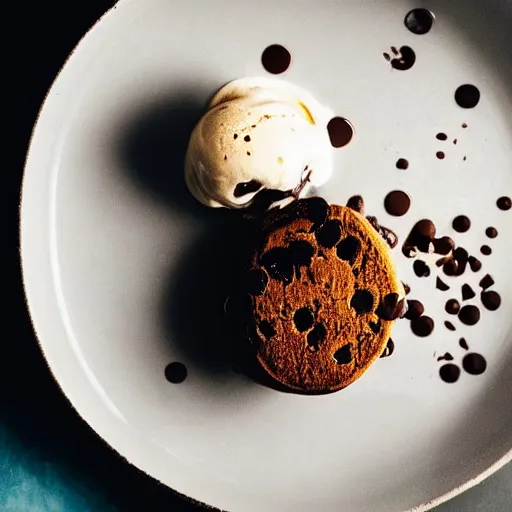 Image similar to high resolution photo of melted chocolate chip with ice cream, michelin star, very tasty, food photography, instagram, trending