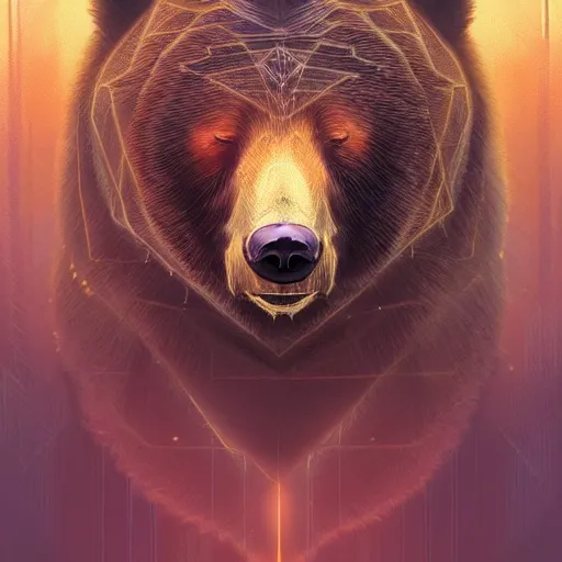 Image similar to realistic bear playing broken lines electric triangle domra, realistic portrait, symmetrical, highly detailed, digital painting, artstation, concept art, smooth, sharp focus, illustration, cinematic lighting, art by artgerm and greg rutkowski and alphonse mucha