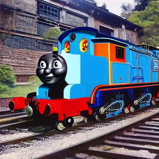 Prompt: hyper detailed photo realistic chinese thomas the tank engine going fast