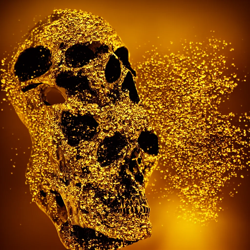 Image similar to black skull covered in dripping golden honey, golden hour, glistening, light rays, light bloom, bokeh, beautiful scene, HD render, octane render, VRAY, 8K, 4K