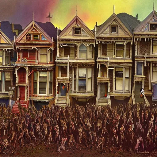 Prompt: painted ladies in san francisco swarmed by an army of zombies. painting by michael walen and bruce pennington.