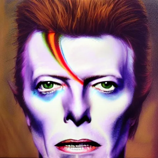 Prompt: david bowie, pastel on wood