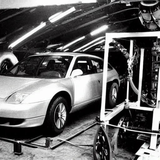 Prompt: future car being worked on by scientist nikola tesla next to elon musk photography 2 0 0 0's