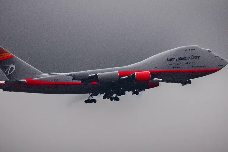 Image similar to detailed photo a boeing 7 4 7 landing at a 4 5 degree angle, on a runway in heavy rain and wind, photo from a spectator, 8 k, natural lighting