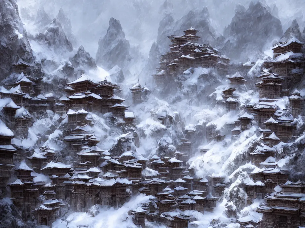 Image similar to shaolin monastery on snowy mountain, rope ladder everywhere, trending on artstation, by frank frazetta, concept art, digital art, cool color palette, 8 k, sad, incandescent, cinematic lighting, ray tracing ambient occlusion, in a symbolic and meaningful style, insanely detailed and intricate, hypermaximalist, elegant, ornate, hyper realistic, super detailed