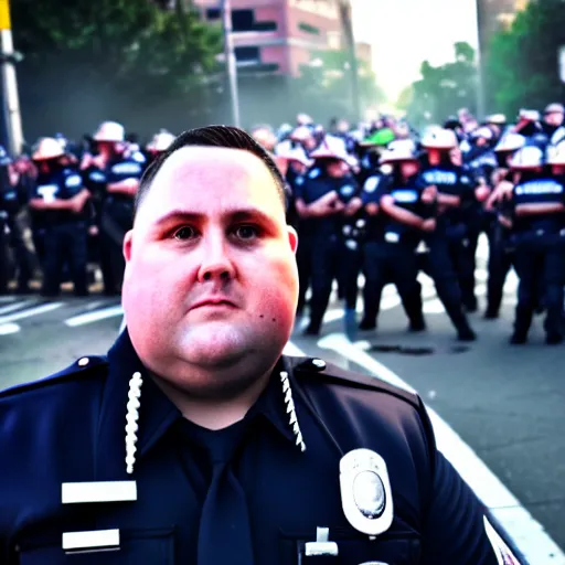 Image similar to chubby cop takes a selfie in front of a riot, highly detailed, sharp focus, dramatic lighting, 8 k