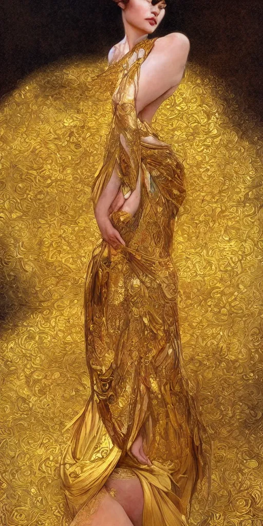 Image similar to ultra realistic illustration studio of a beautiful elegant girl in an artistic pose covered in golden silk cloths, intricate, elegant, highly detailed, digital painting, artstation, concept art, smooth, sharp focus, illustration, art by artgerm and greg rutkowski and alphonse mucha by klimt