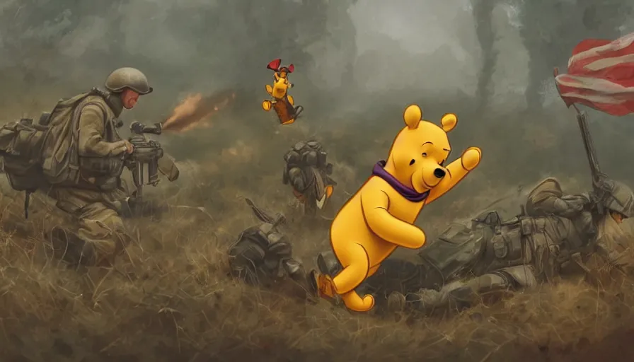 Prompt: winnie the pooh as soldier during d - day, hyperdetailed, artstation, cgsociety, 8 k
